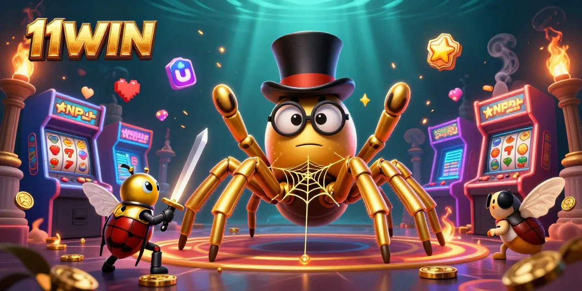 Engage with 11WIN's vibrant casino adventure featuring a golden tarantula and knights.