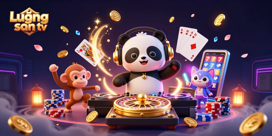 Lương sơn tv presents a vibrant DJ panda spinning at a live casino party with golden coins and poker chips.