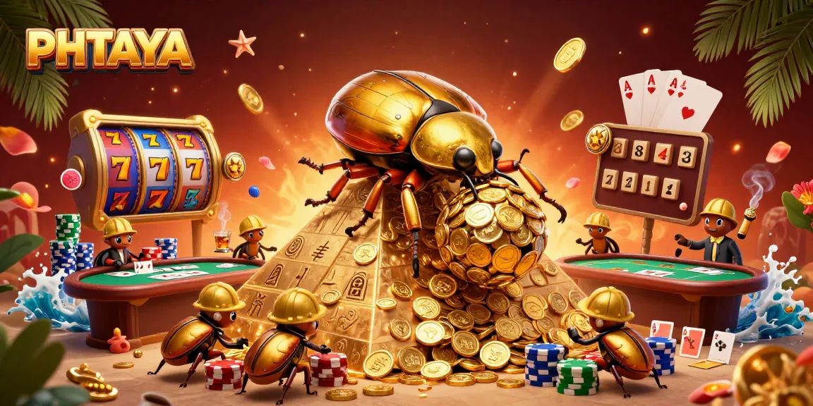 PHTAYA features a animated golden dung beetle rolling coins up a pyramid in a vibrant casino scene, showcasing slot reels and poker elements.