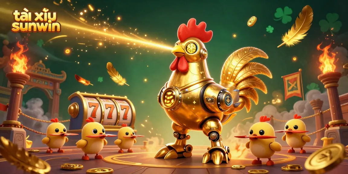 Engage in tài xỉu sunwin with an exciting scene featuring a golden rooster robot and adorable chick drones.