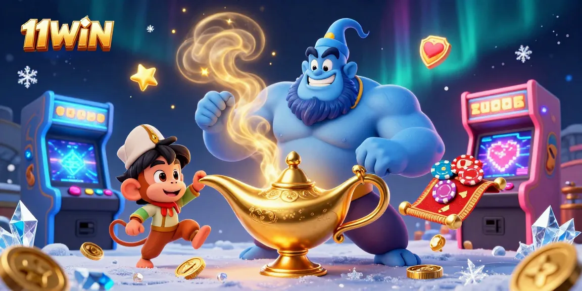 Engage with the vibrant world of 11WIN, featuring a dynamic scene with a muscular genie, a playful monkey, and a flying magic carpet, surrounded by gaming excitement.