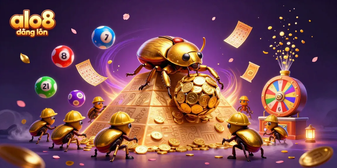 Experience the thrill of gambling with alo8 đăng nhập as golden beetles roll coins amid vibrant gaming symbols.