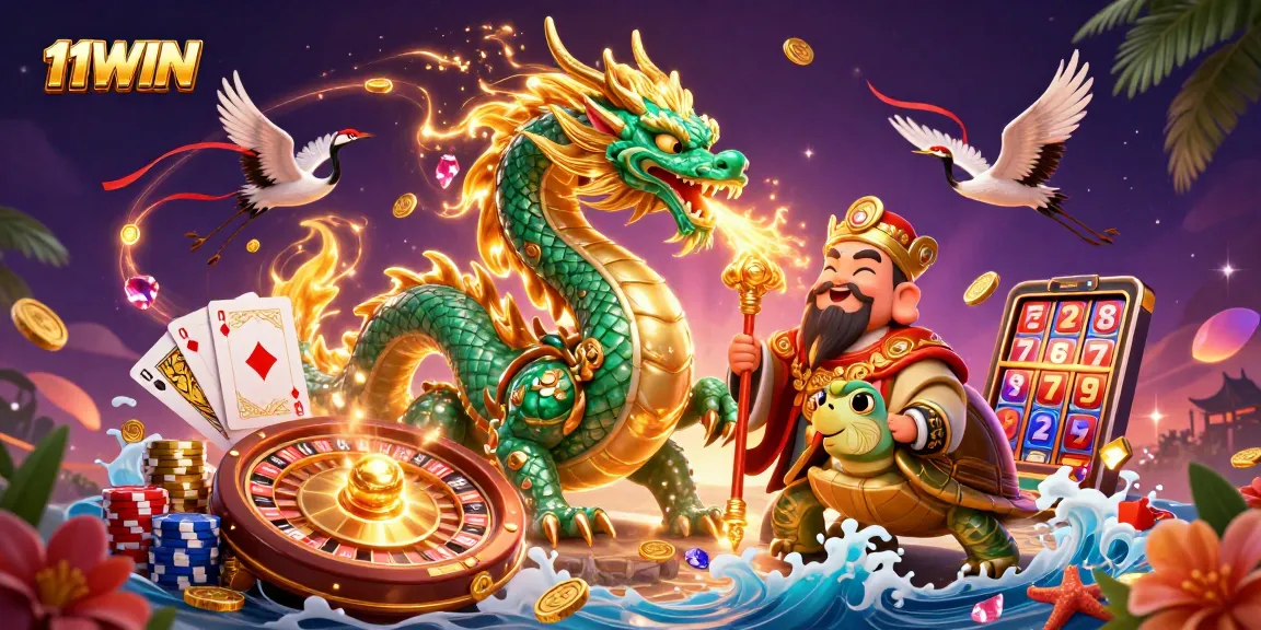 Experience the excitement of 11WIN with a vibrant 3D casino scene filled with animated elements.