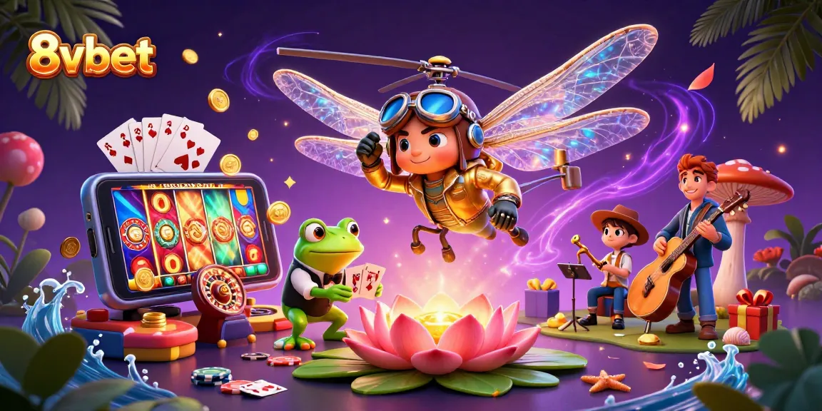 Play thrilling games at 8vbet's dynamic casino scene with a dragonfly pilot and a frog croupier.