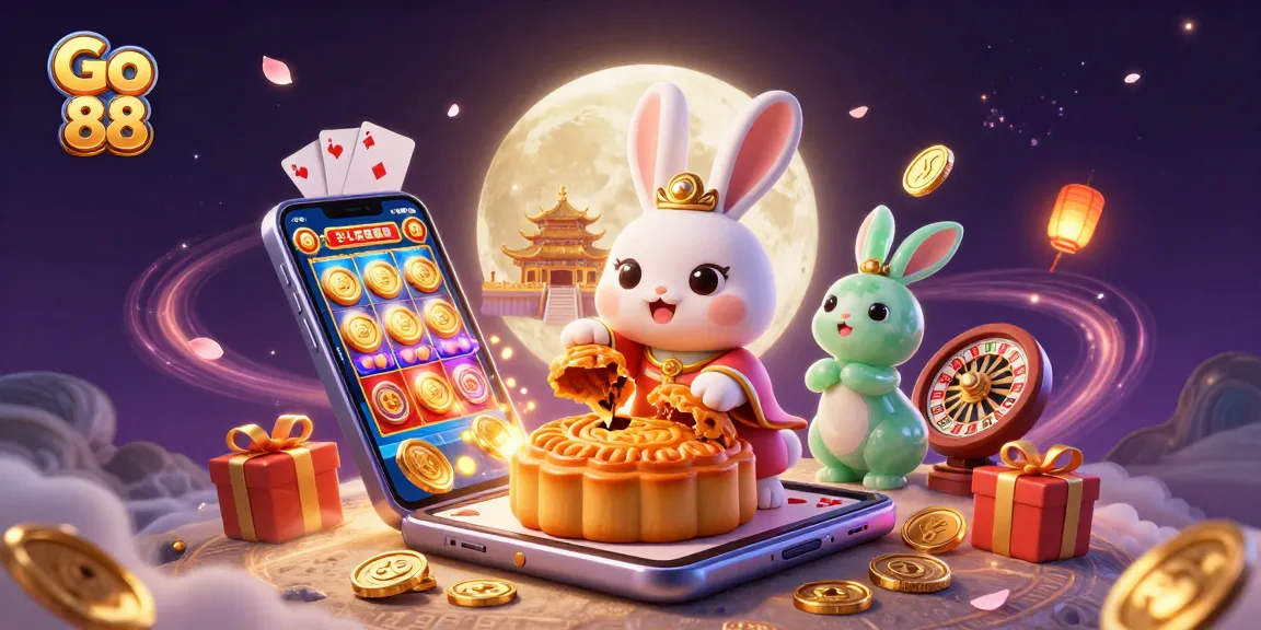 Engage with Go 88 slots as a moon rabbit reveals poker chips in a lively lunar casino.