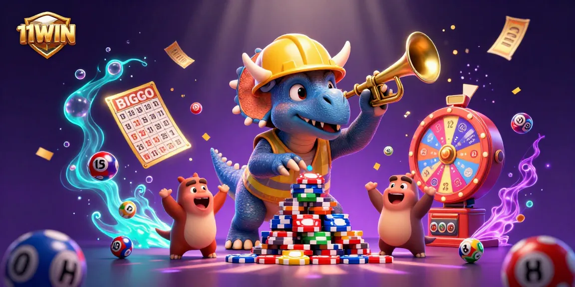 11WIN celebrates wins with a cartoon triceratops and exciting casino elements in vibrant 3D art