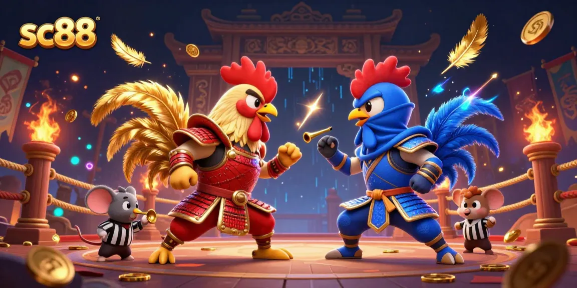 Experience thrilling sc88 action with fighting roosters, casino elements, and vibrant details.
