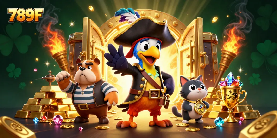 Experience thrilling gaming with 789F's dynamic casino scene featuring vibrant treasure and characters.