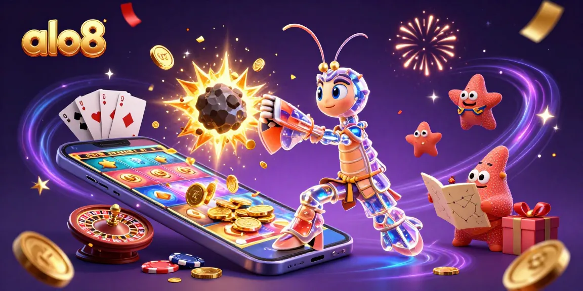 Experience the excitement of alo8 with a vibrant casino-themed 3D illustration showcasing dynamic gaming elements.