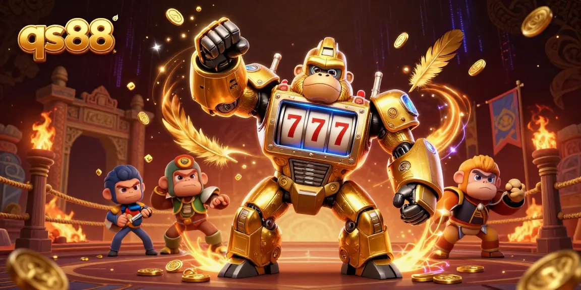 Experience exciting wins at qs88 with a dynamic 3D gorilla mech surrounded by gold and gaming action.