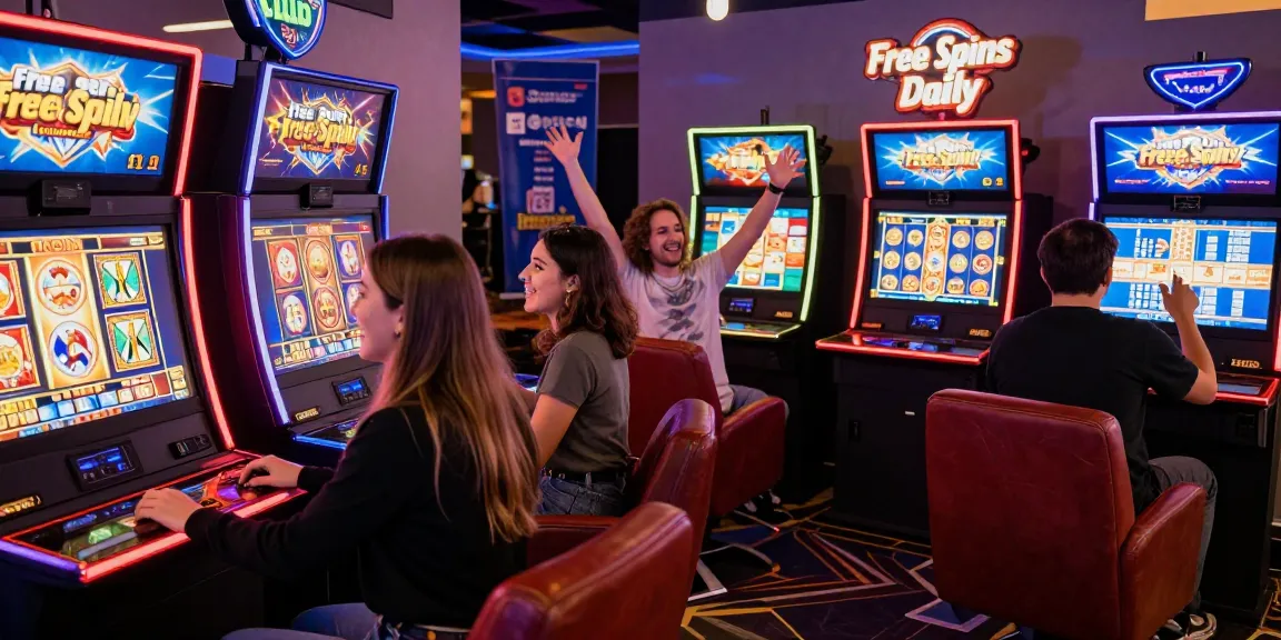 Excited players engaging with OPPA86 link slot machines in a vibrant gaming lounge.