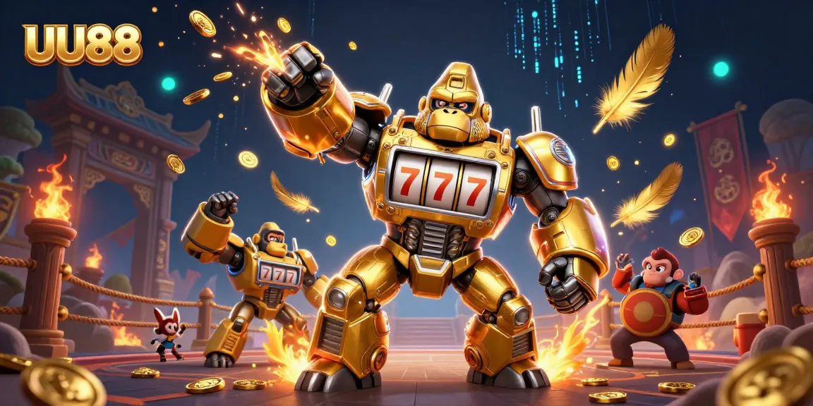 UU88 showcases a dynamic illustration of a golden gorilla mech in a vibrant casino arena.