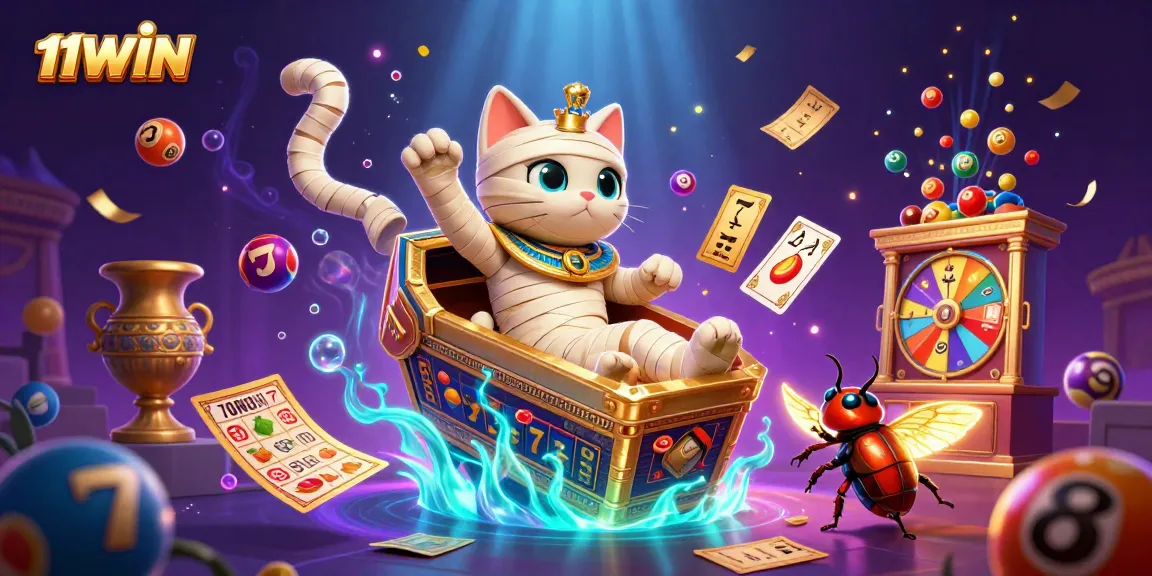 11WIN brings excitement with a 3D mummy cat and vibrant casino elements bursting from the scene.