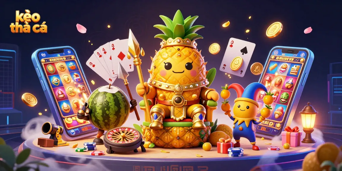 Experience kèo nhà cái action with vibrant casino characters and dynamic game elements around a pineapple king.