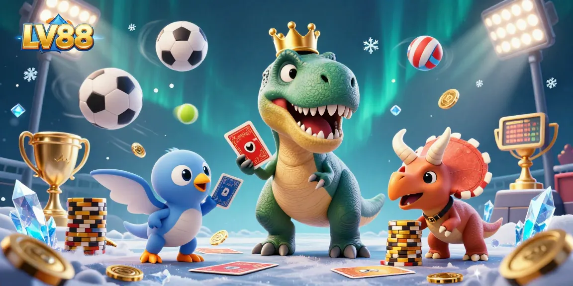 LV88 unleashes thrilling casino action with T-Rex shuffling cards, enhancing your betting experience.