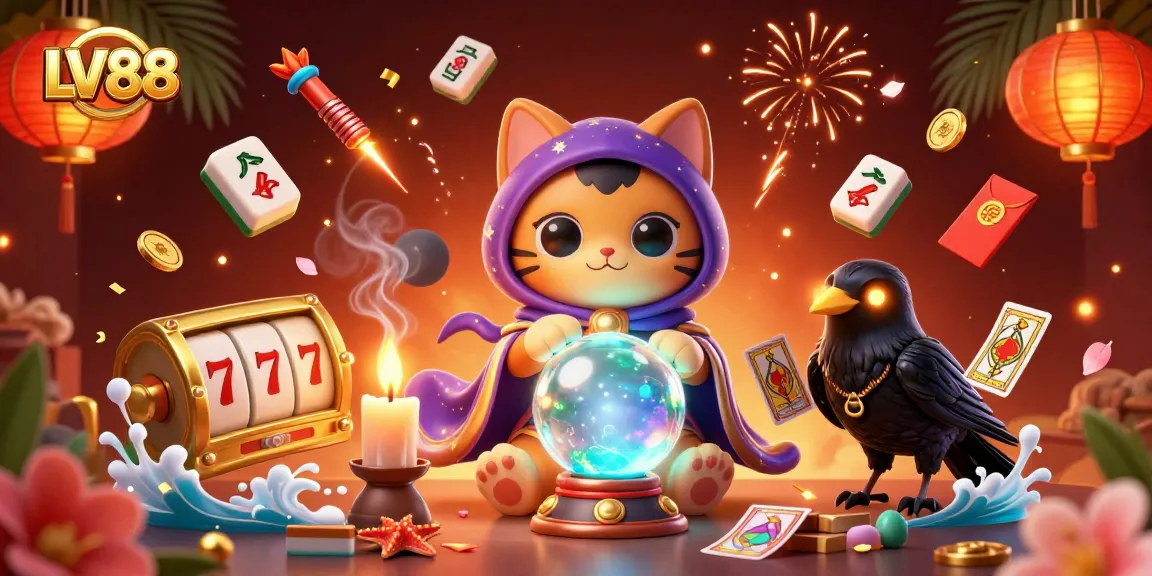Experience the excitement of LV88 with a vibrant casino scene featuring mystical characters and slot machines.