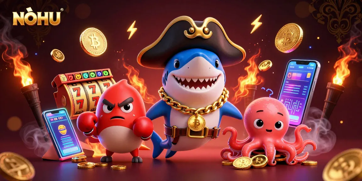 Engage with NOHU's thrilling slots as the pirate shark and friends surround vibrant jackpot symbols.