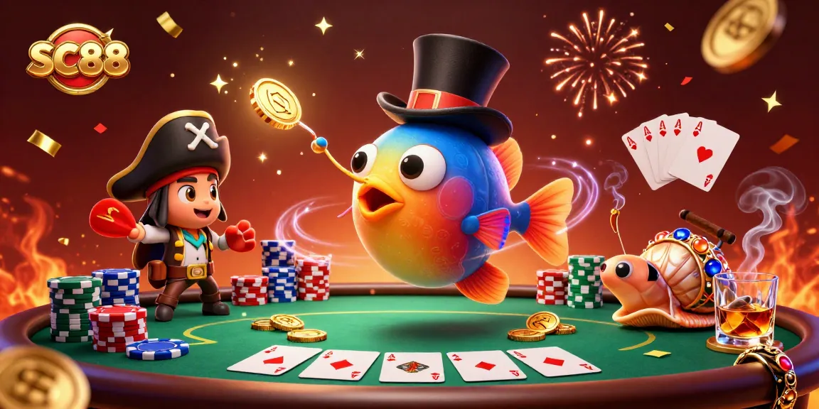Engage with SC88 at a vibrant poker scene featuring fish-themed characters and rich casino elements.