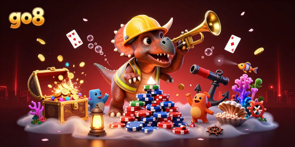 Engage with go8's vibrant casino experience featuring a triceratops building poker chips amidst mystical celebrations.