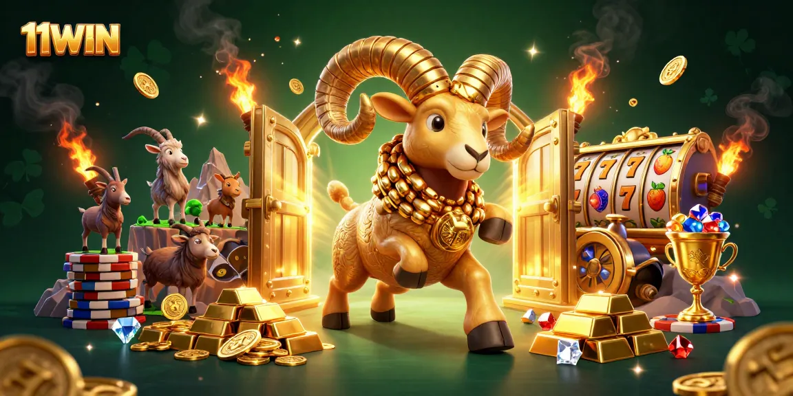 11WIN players spinning slot reels amidst a golden ram charging with treasure and gems.