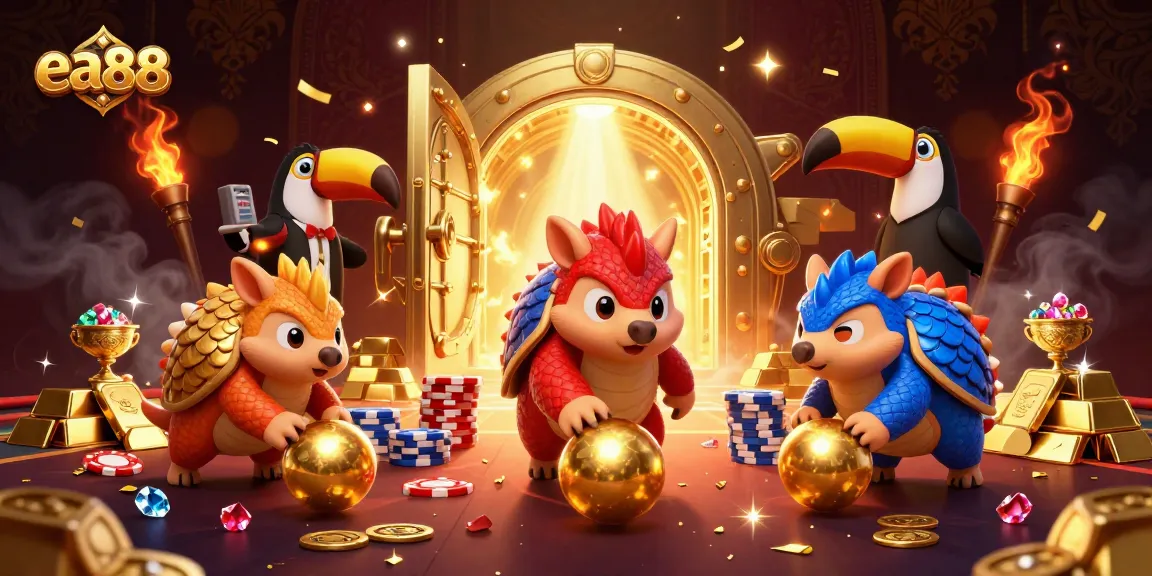 Play exciting fish shooting games at EA88, featuring vibrant pangolins amidst golden treasures and poker chips.