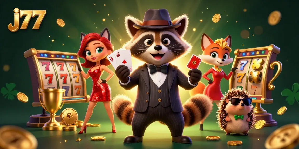 Experience thrilling gameplay with j77's captivating 3D casino illustration featuring a stylish raccoon, glamorous fox, and hedgehog bouncer.