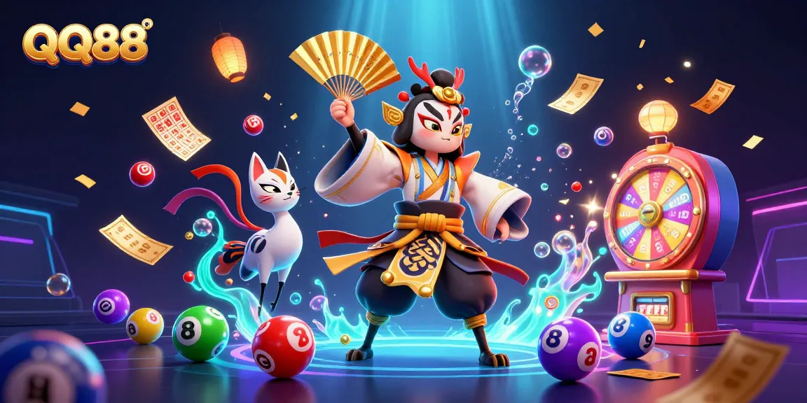 Experience thrilling gameplay with QQ88 in an exciting 3D casino illustration full of vibrant lottery elements.