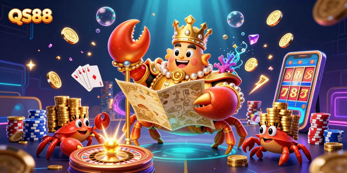 Experience the excitement of QS88 with vibrant gaming elements and a majestic golden crab emperor.