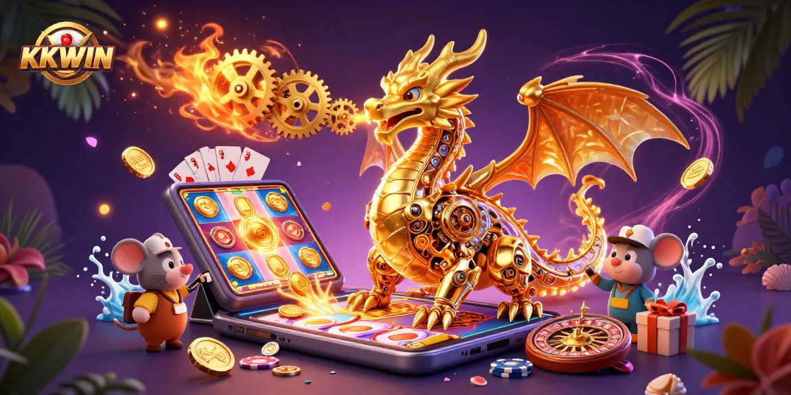 KKWIN offers dynamic gaming experiences with a golden dragon, slot games, and exciting visuals.