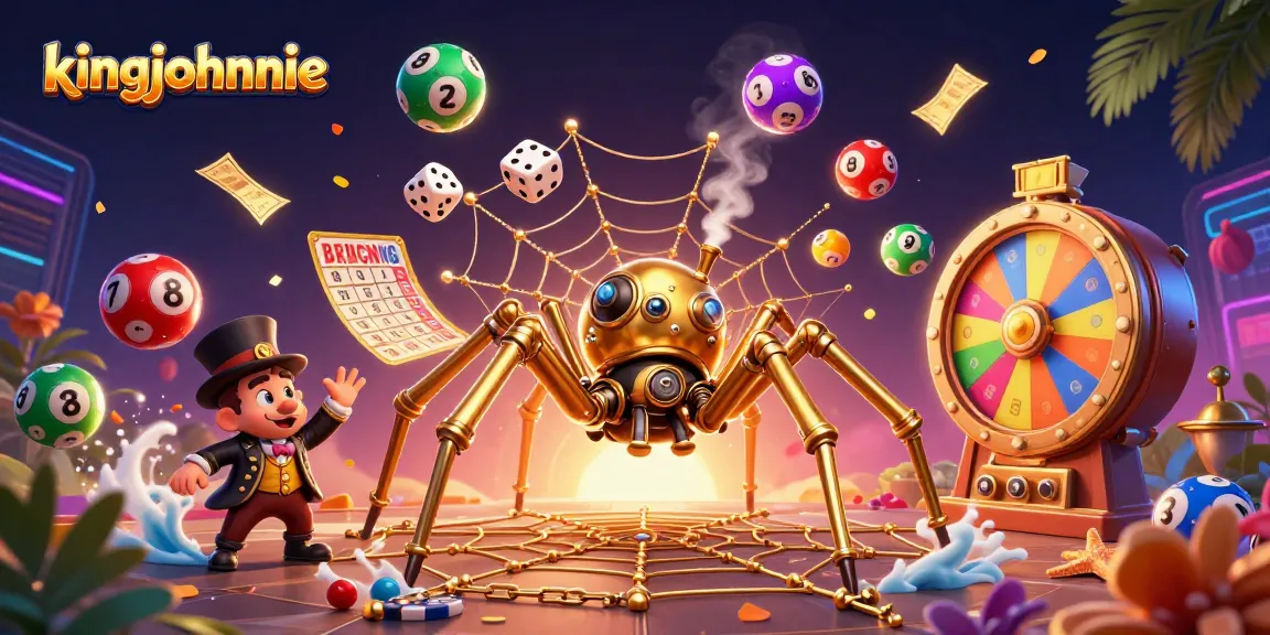 Engage with kingjohnnie's vibrant lottery scene featuring dynamic lottery balls and a steampunk spider.