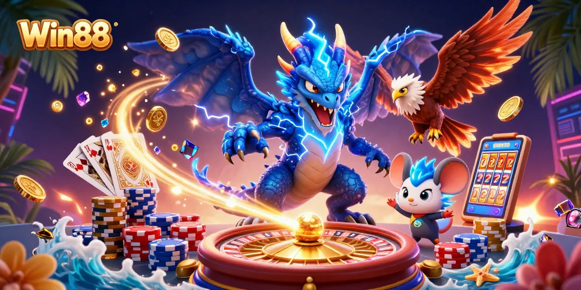 Win88 showcases thrilling casino action with a thunder dragon, glowing hawk, and vibrant slots!