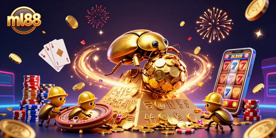 Experience exciting wins at ml88 with a vibrant 3D casino scene featuring golden beetles and rolling coins.